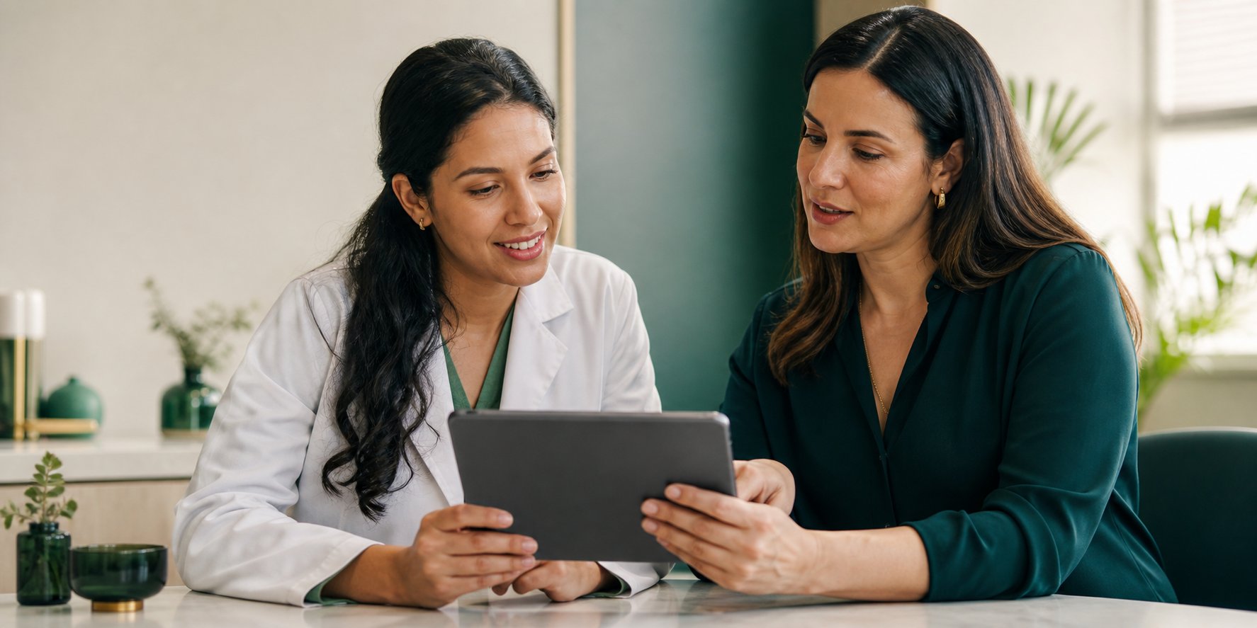 Farmacêutica recebendo orientação de uma especialista enquanto analisam opções em um tablet