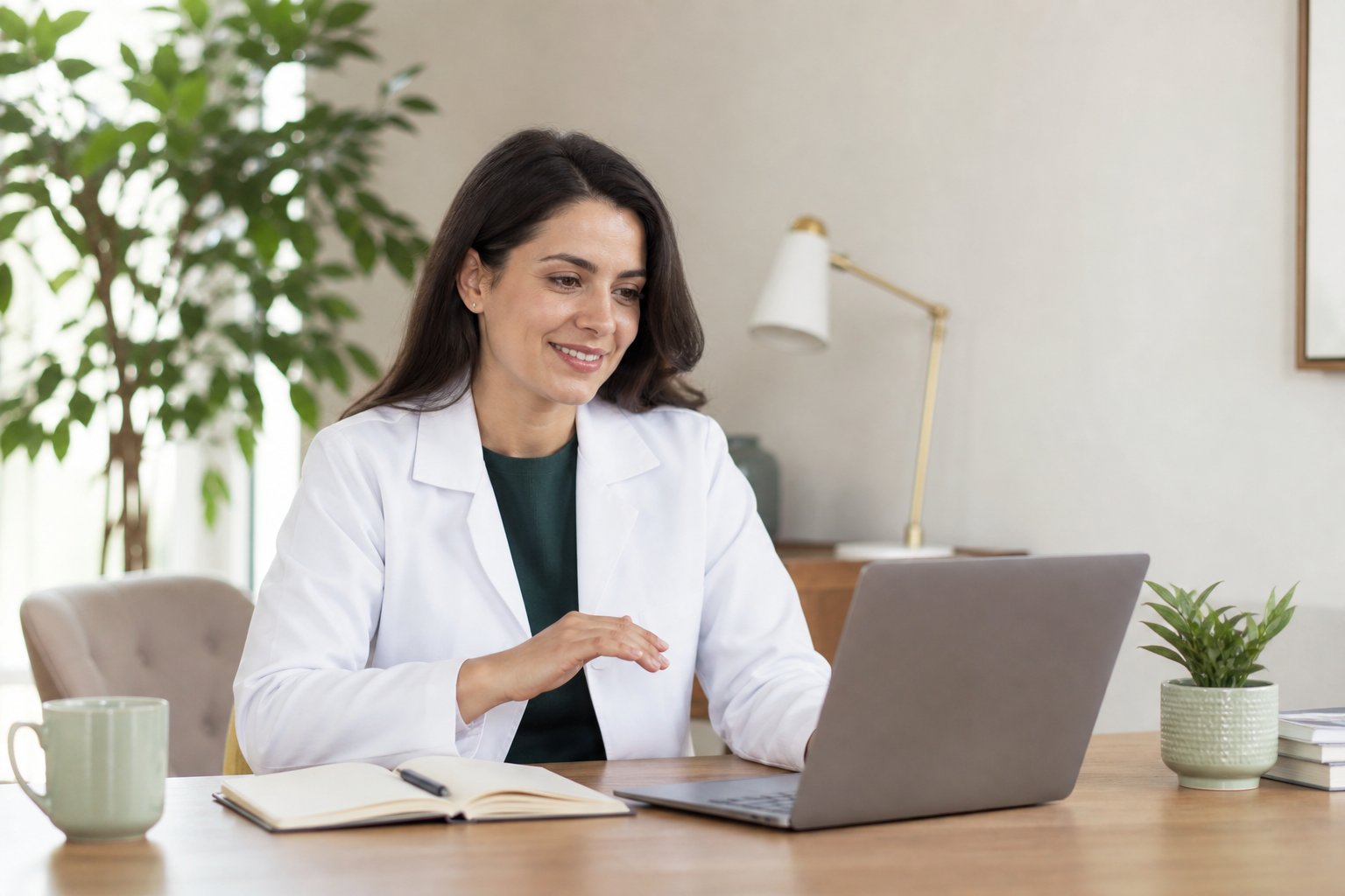 Farmacêutica utilizando um notebook para receber orientação a distância
