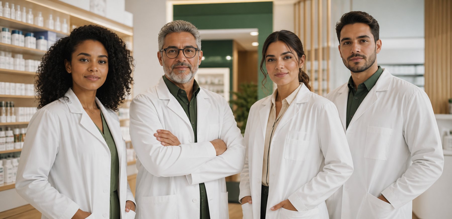 Grupo diverso de farmacêuticos brasileiros em diferentes momentos da carreira