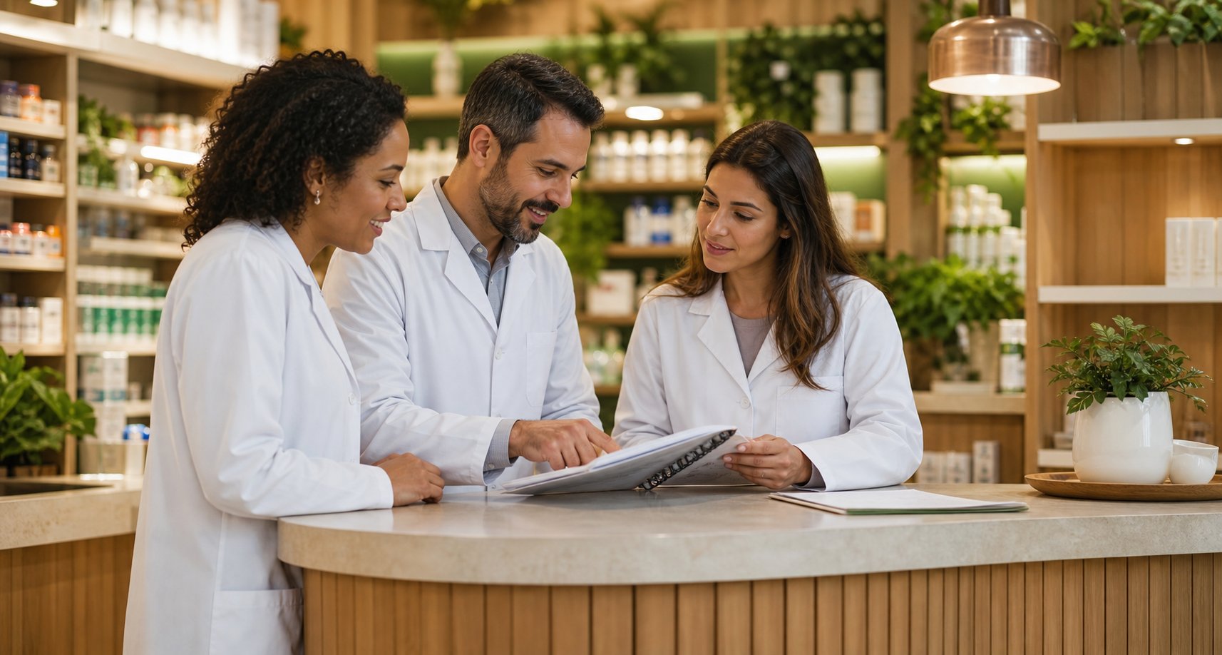 Farmacêuticos colaborando em um ambiente profissional contemporâneo